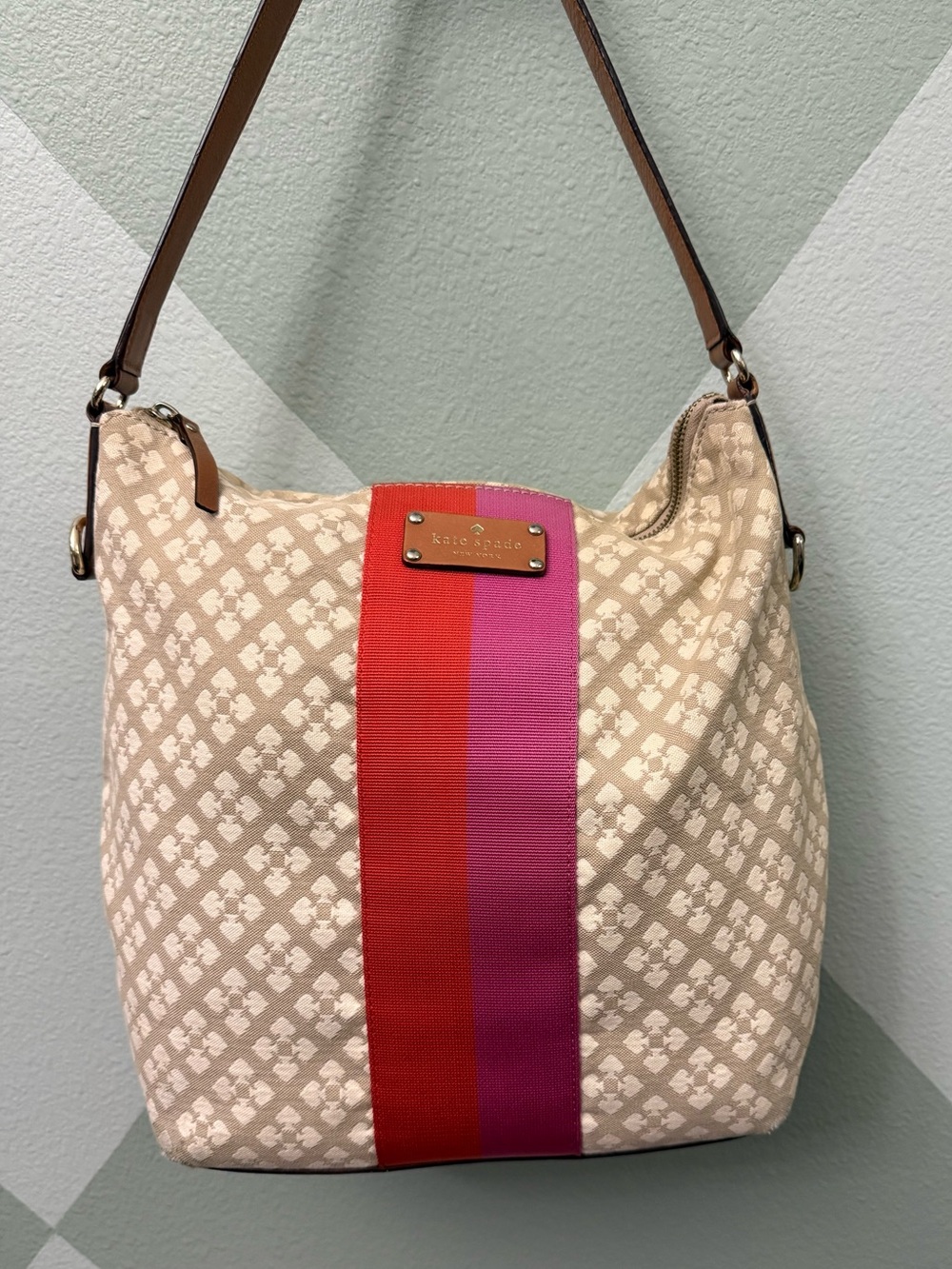 kate spade Cream Canvas Shoulder Bag with Pink & Red Center Stripe Panel